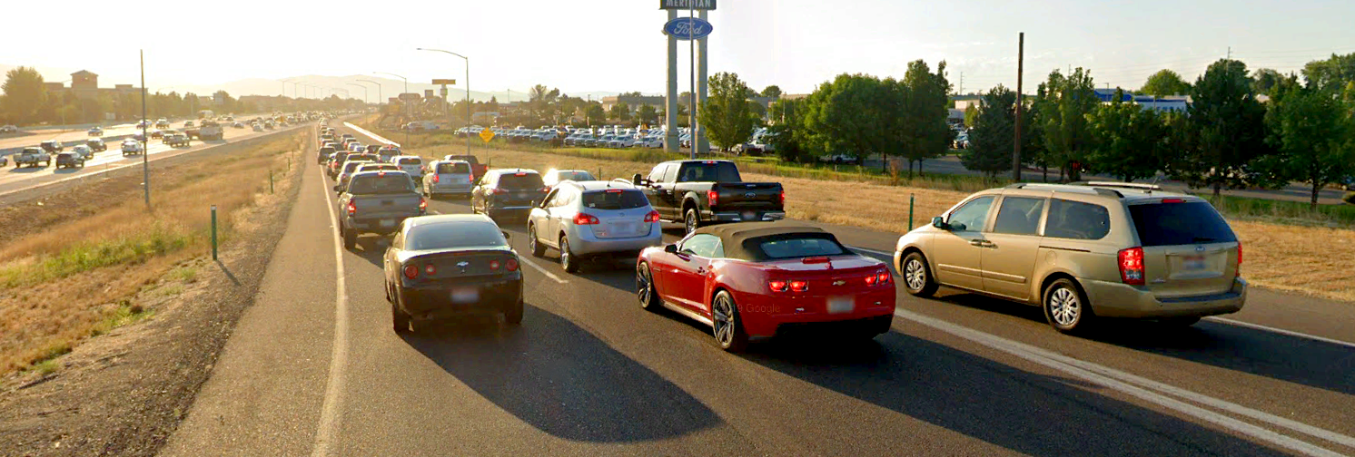 View from Meridian Road eastbound on-Ramp with traffic backed up onto the ramp.